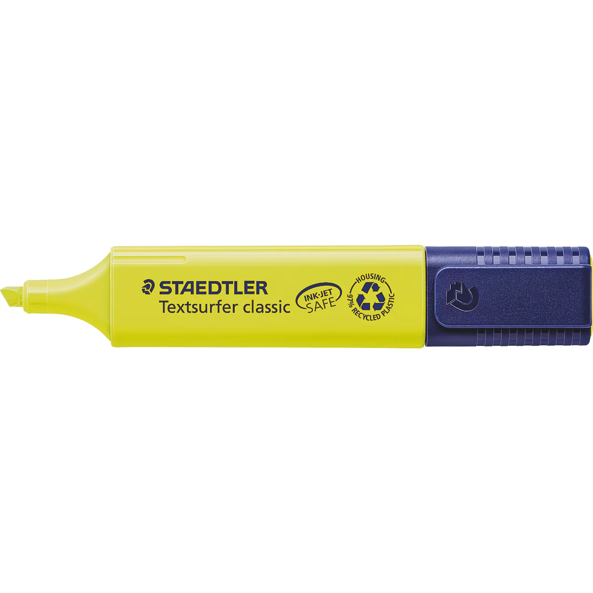 Gele markeerstift met blauwe clip. Opschrift: Staedtler Textsurfer classic.
