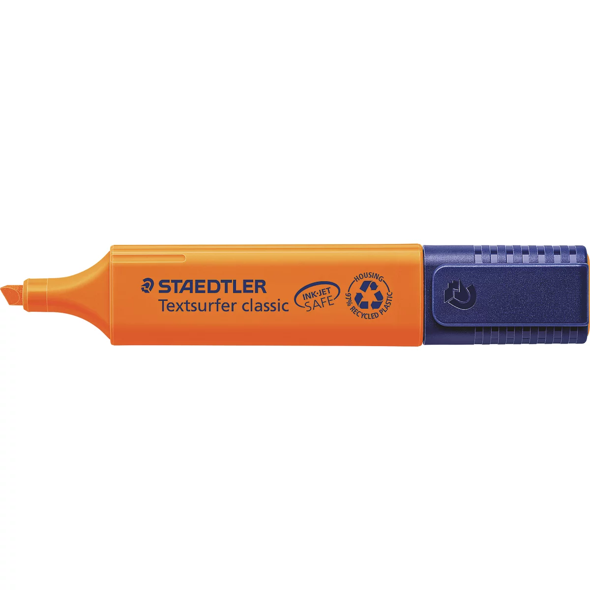 Een oranje Staedtler Textsurfer classic markeerstift, met een blauwe dop. Tekst: INK-JET SAFE.