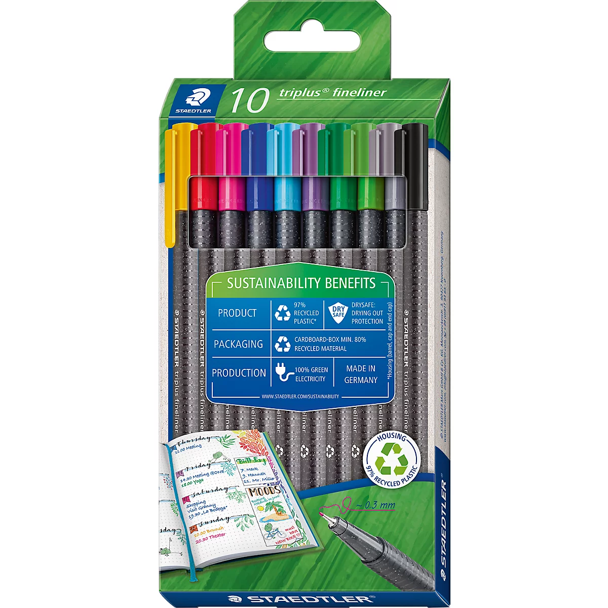 STAEDTLER triplus fineliner 334, DRY SAFE, 0,3 mm, ergonomisch, afwasbaar, assorti kleuren, set van 10
