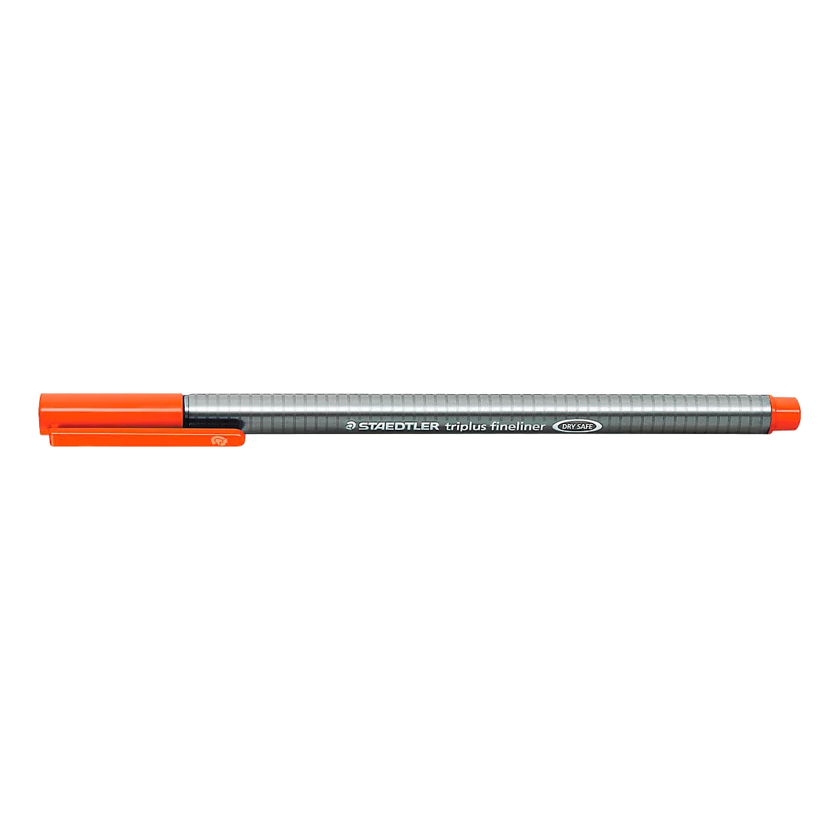 Close-up of an orange Staedtler fineliner. The pen body is grey with the brand name.