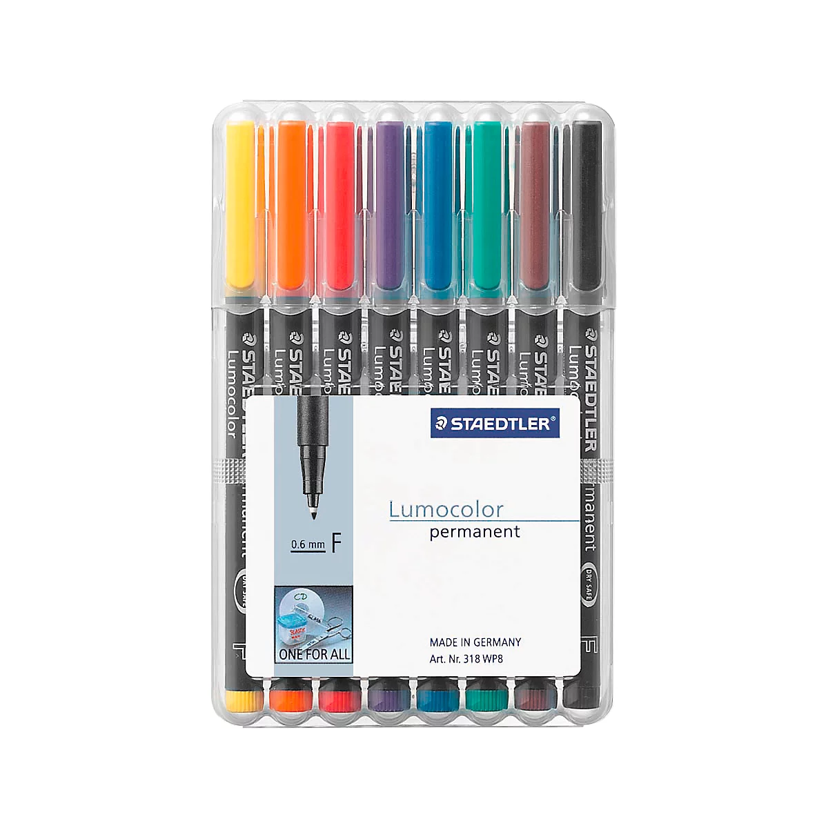 Colored markers in a package. The package says "Lumocolor permanent" by "STAEDTLER".