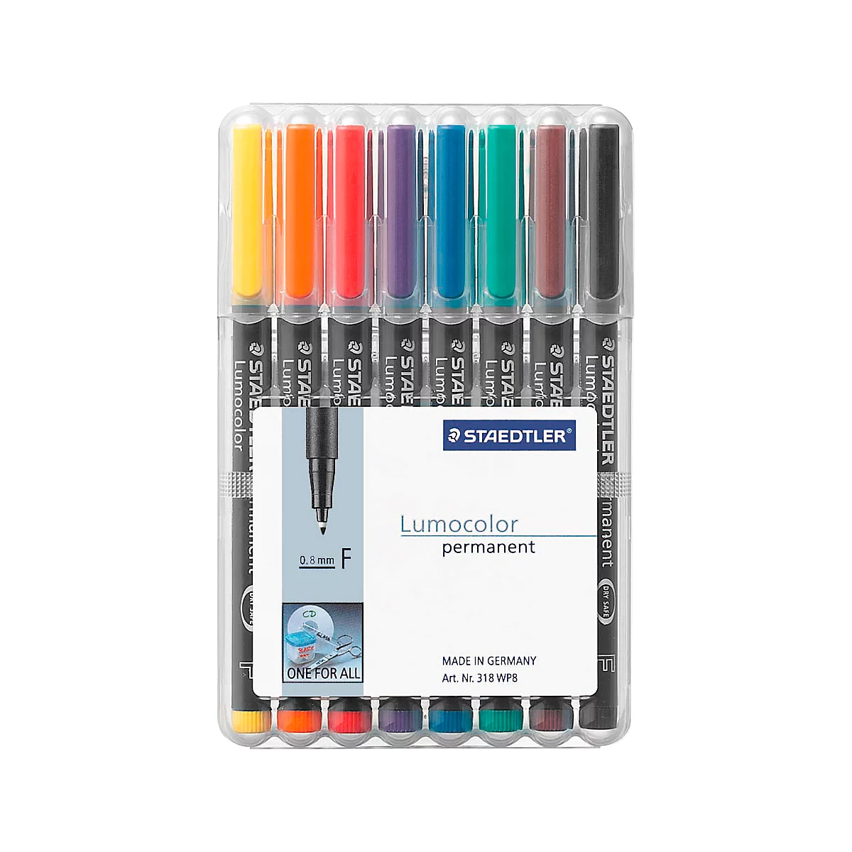 Set of Staedtler Lumocolor pens in various colors, in a plastic package.