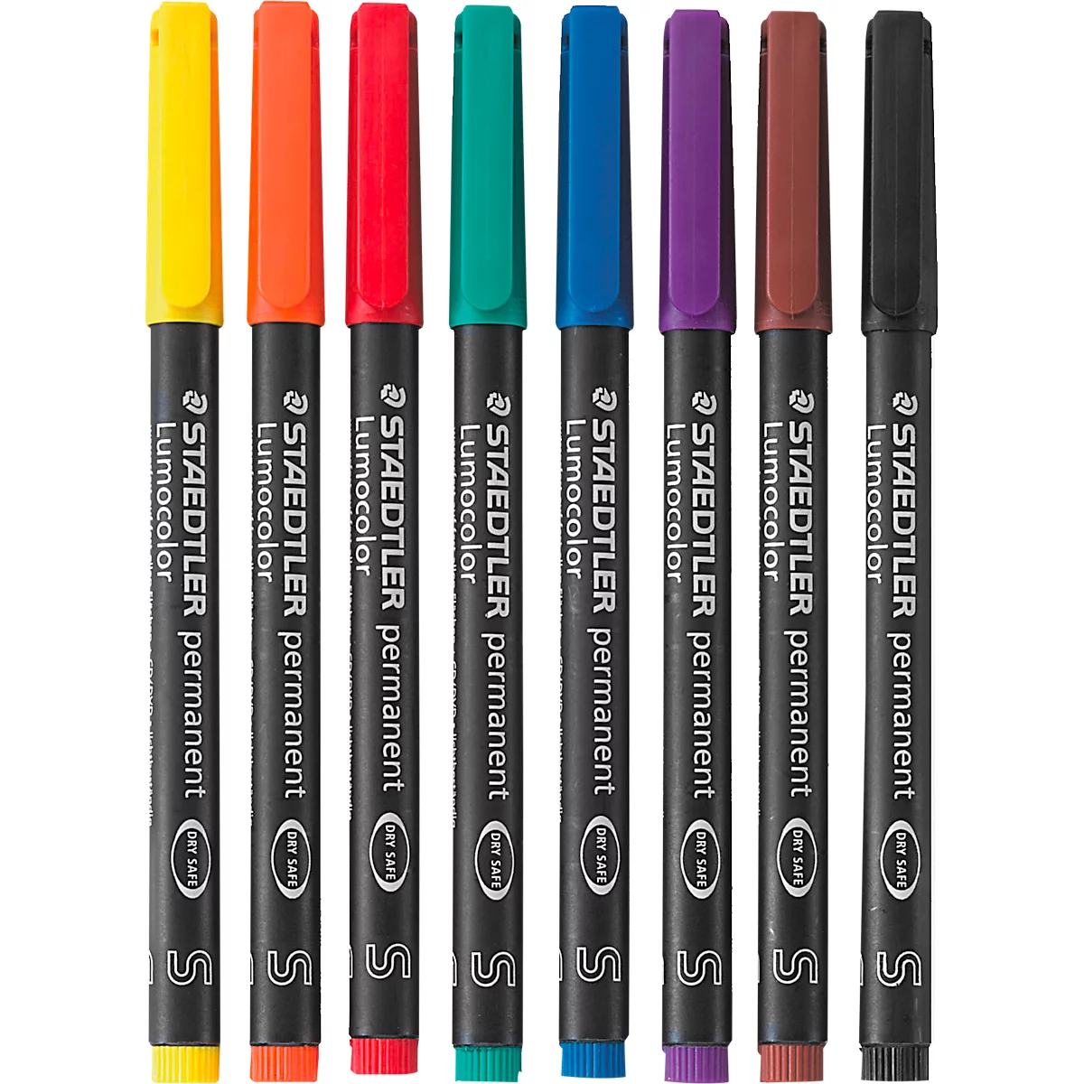 Eight pens with colorful caps arranged side by side. The black shafts read in white "STAEDTLER permanent Lumocolor".