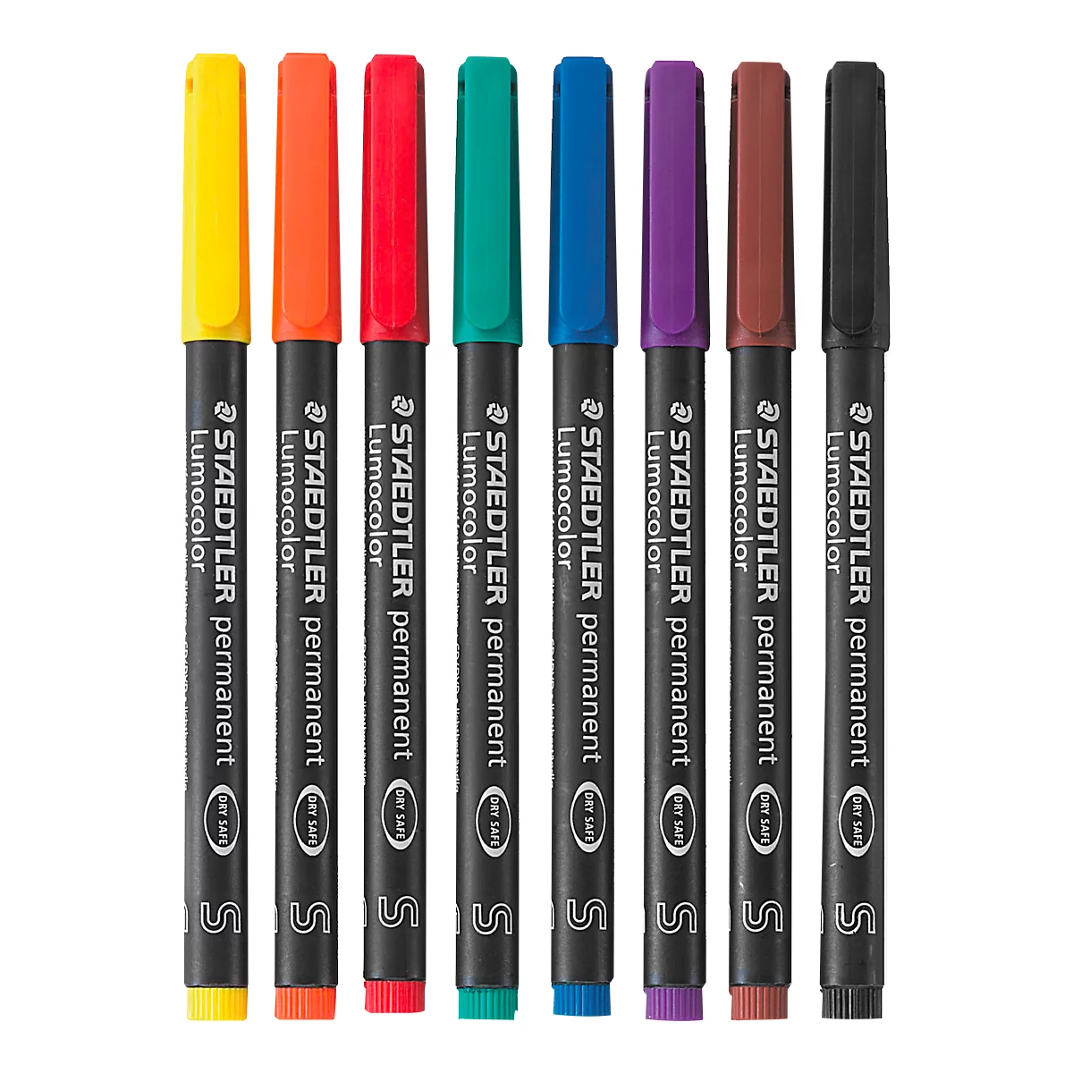 Eight different colored felt-tip pens with black shaft, each with a color cap and lettering.