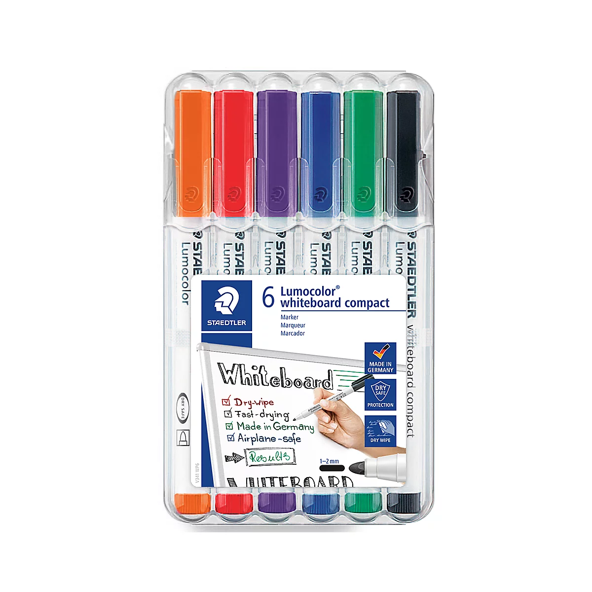 Six colorful whiteboard markers in a transparent package. The brand, product name, and features are printed on it.