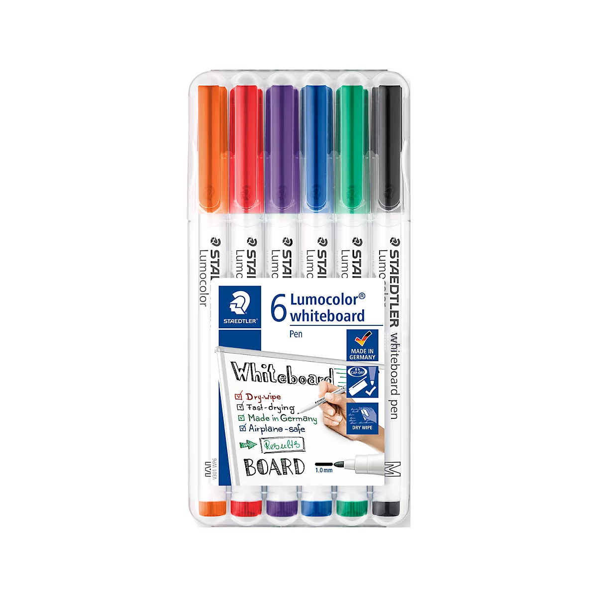 A package of six brightly colored whiteboard pens. Each pen is in a different color. The package contains product information.