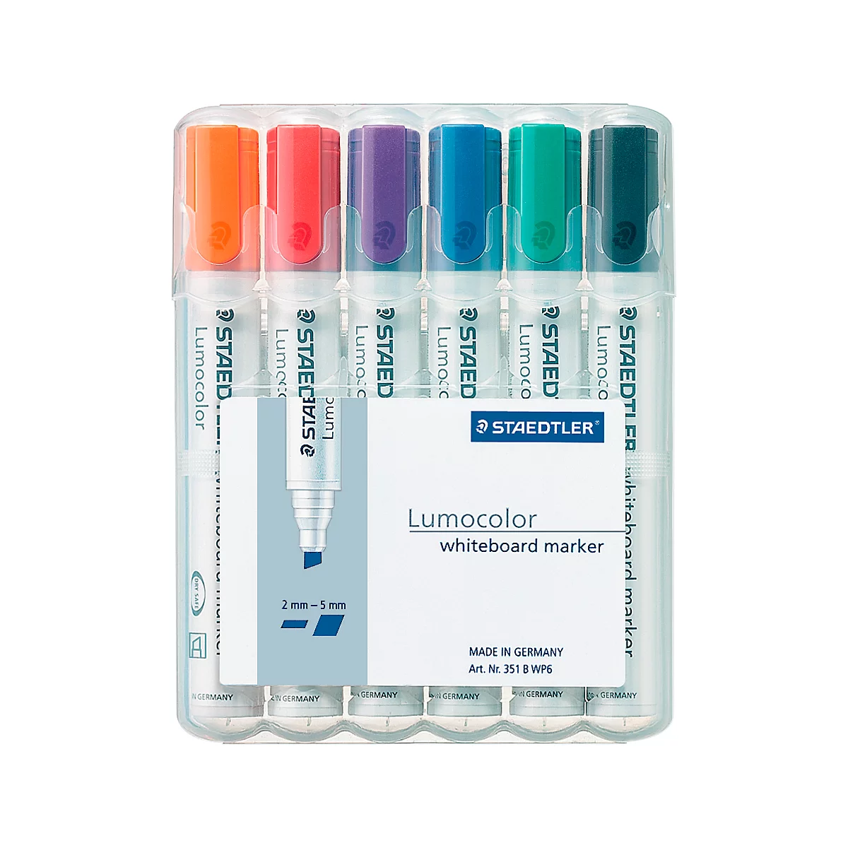 Package of STAEDTLER Lumocolor whiteboard markers in various colors. Transparent packaging. Colors: orange, pink, purple, blue, green, turquoise.