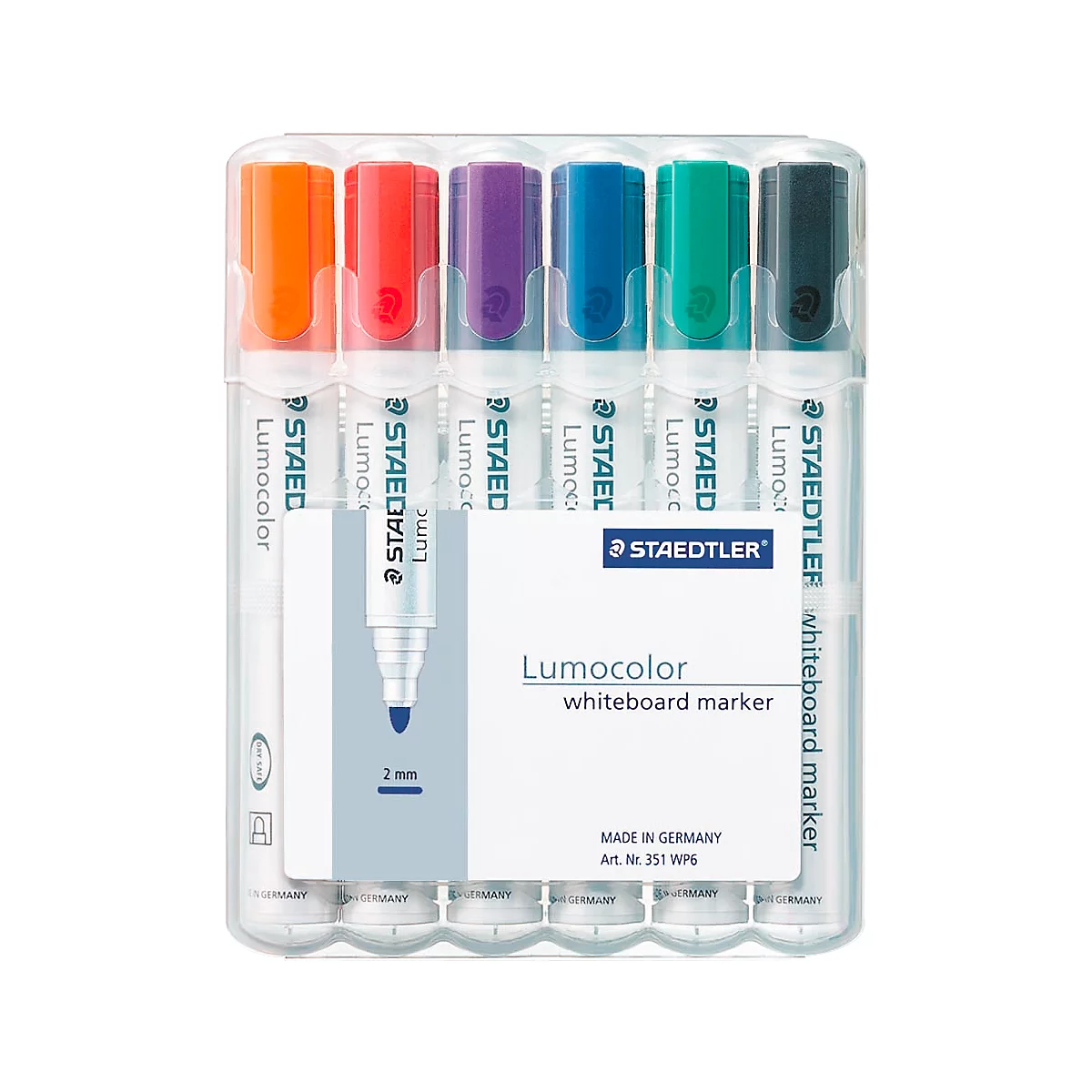 A set of colorful STAEDTLER Lumocolor whiteboard markers in a plastic package.