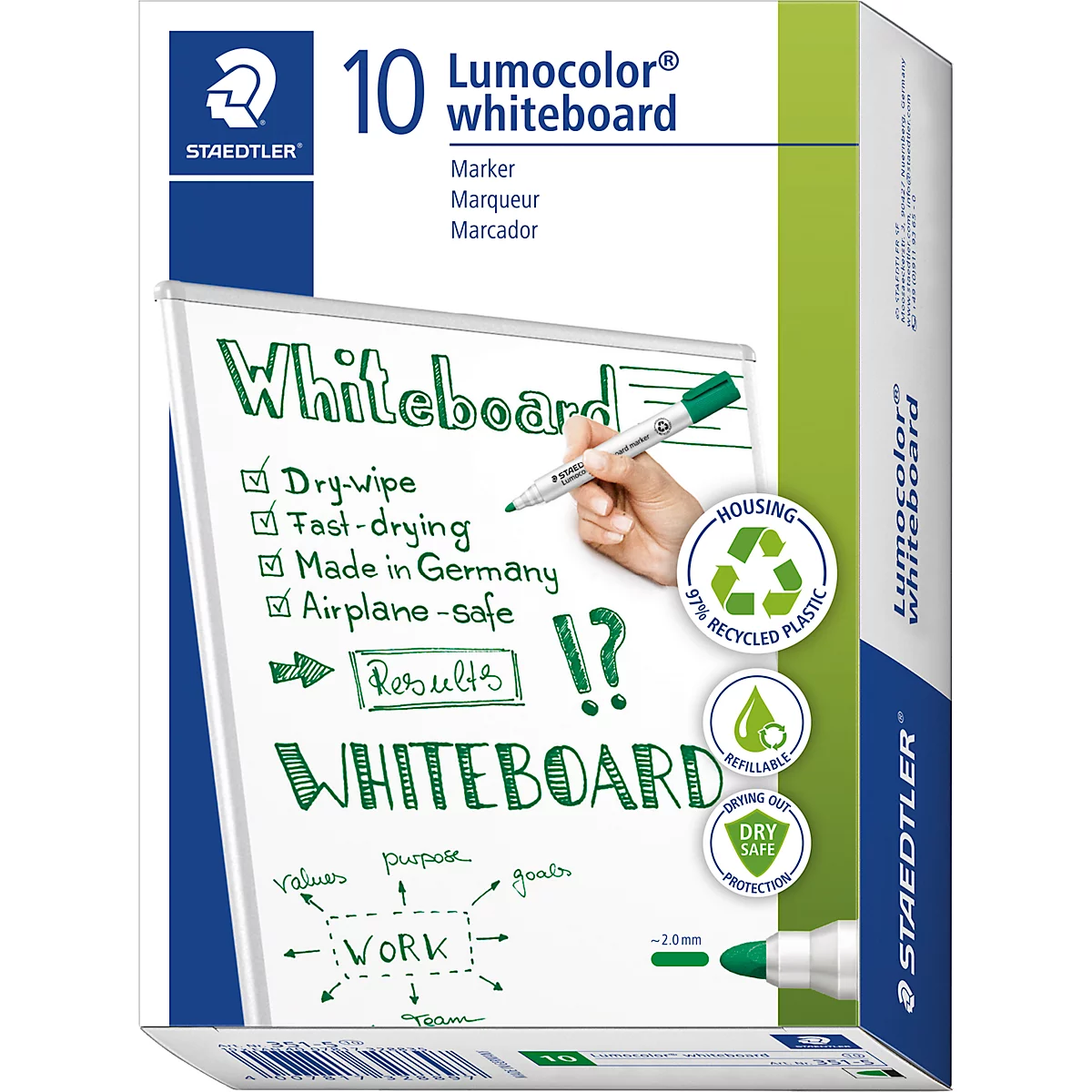 Produktverpackung von Staedtler Lumocolor Whiteboard-Markern mit Hand, die auf ein Whiteboard schreibt.