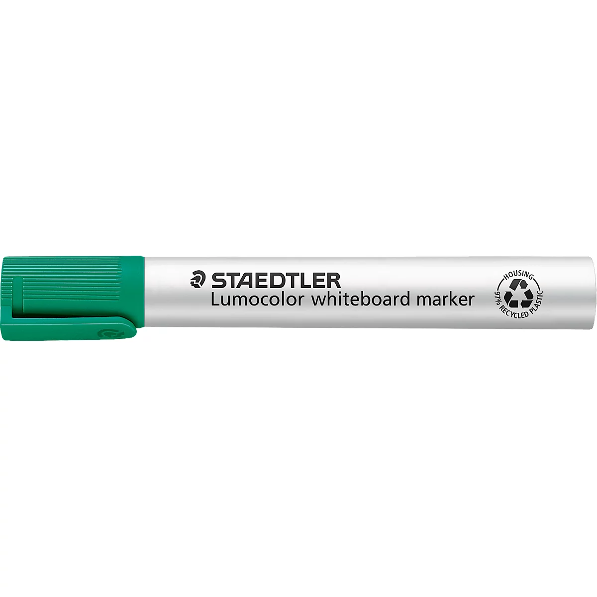 Grüner Staedtler Lumocolor Whiteboardmarker auf weißem Hintergrund.