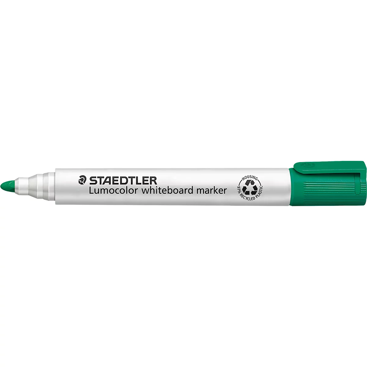 Grüner Staedtler Lumocolor Whiteboardmarker auf weißem Hintergrund.
