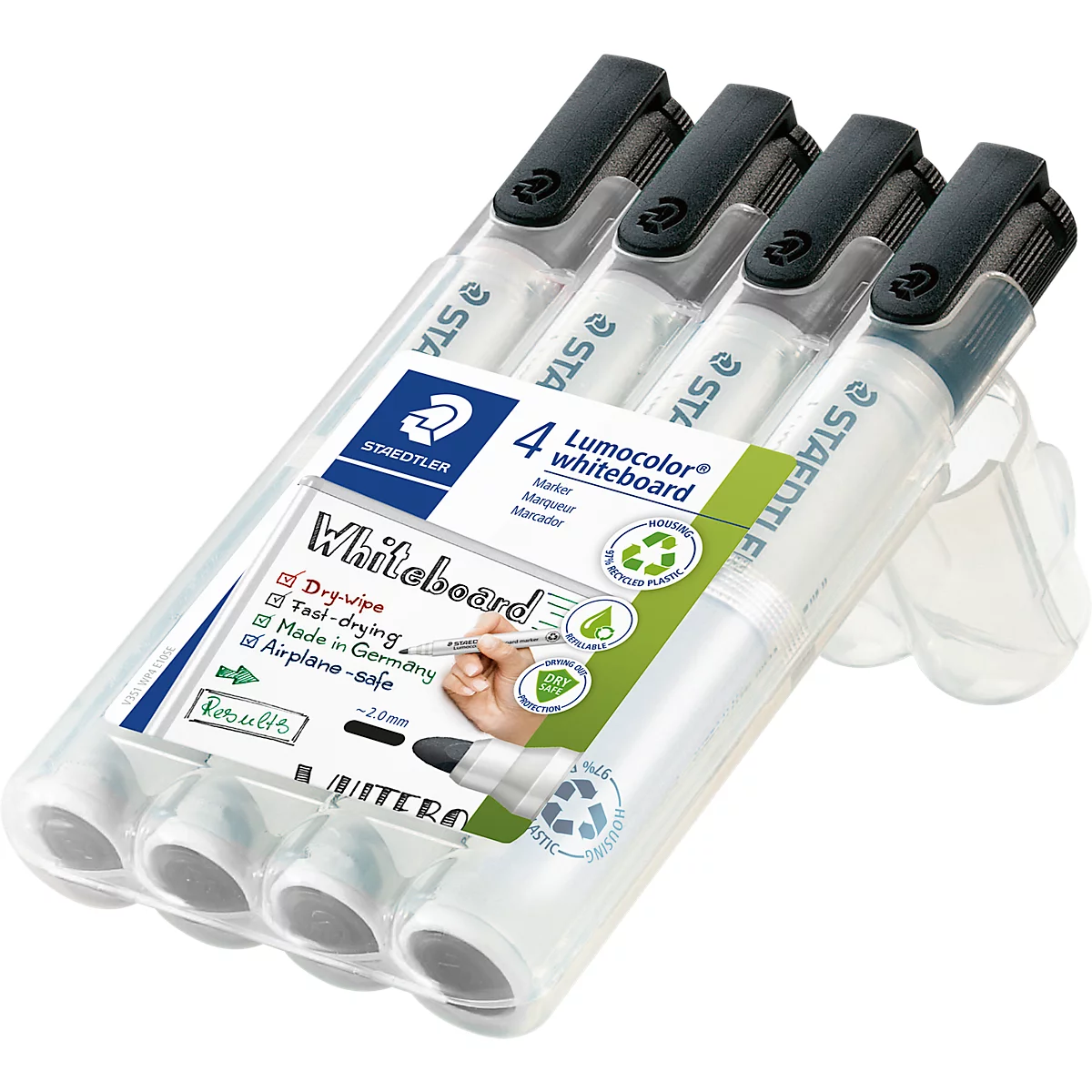 Vier Staedtler Lumocolor Whiteboardmarker im transparenten Kunststoffetui mit Produktinformationen.