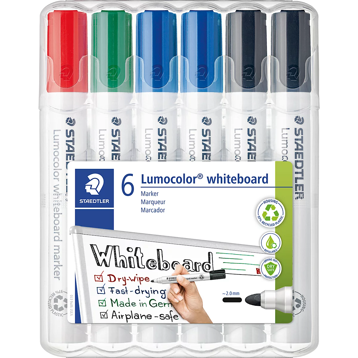 Sechser-Set Staedtler Lumocolor Whiteboard-Marker in einer transparenten Kunststoffverpackung.