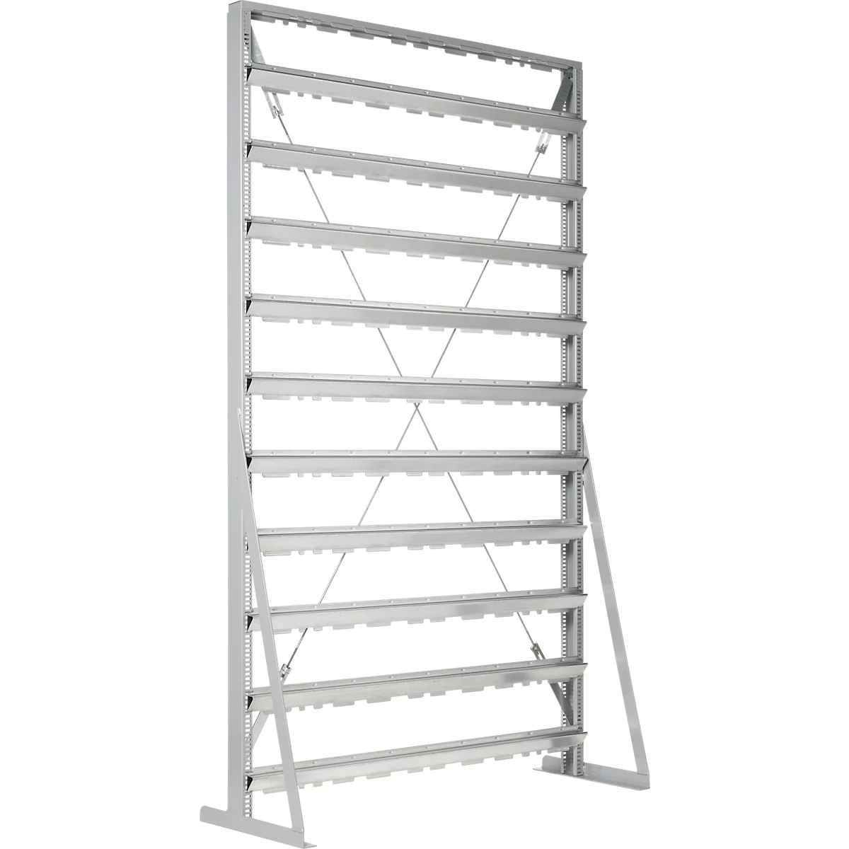Ständerregal, 1-seitig bestückbar, 10 Reihen, ohne Sichtlagerkästen, B 1145 x T 400 x H 1950 mm, Stahl, grau