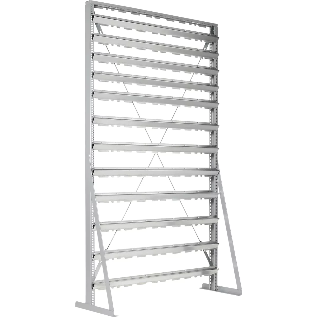 Ständerregal, 1-seitig bestückbar, 12 Reihen, ohne Sichtlagerkästen, B 1145 x T 400 x H 1950 mm, Stahl, grau