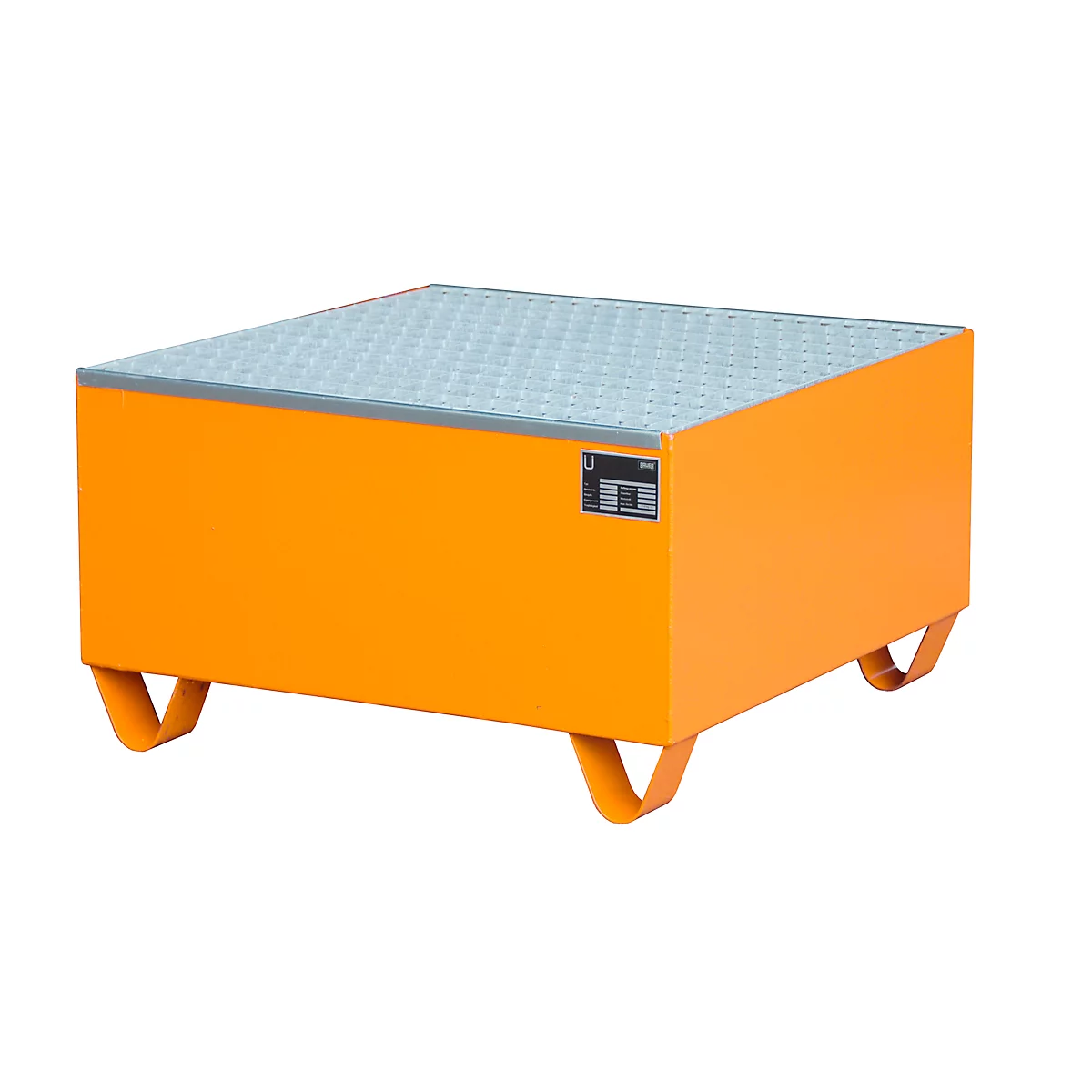 Stahl-Auffangwanne mit Gitterrost, 800 x 800 mm, orange RAL 2000