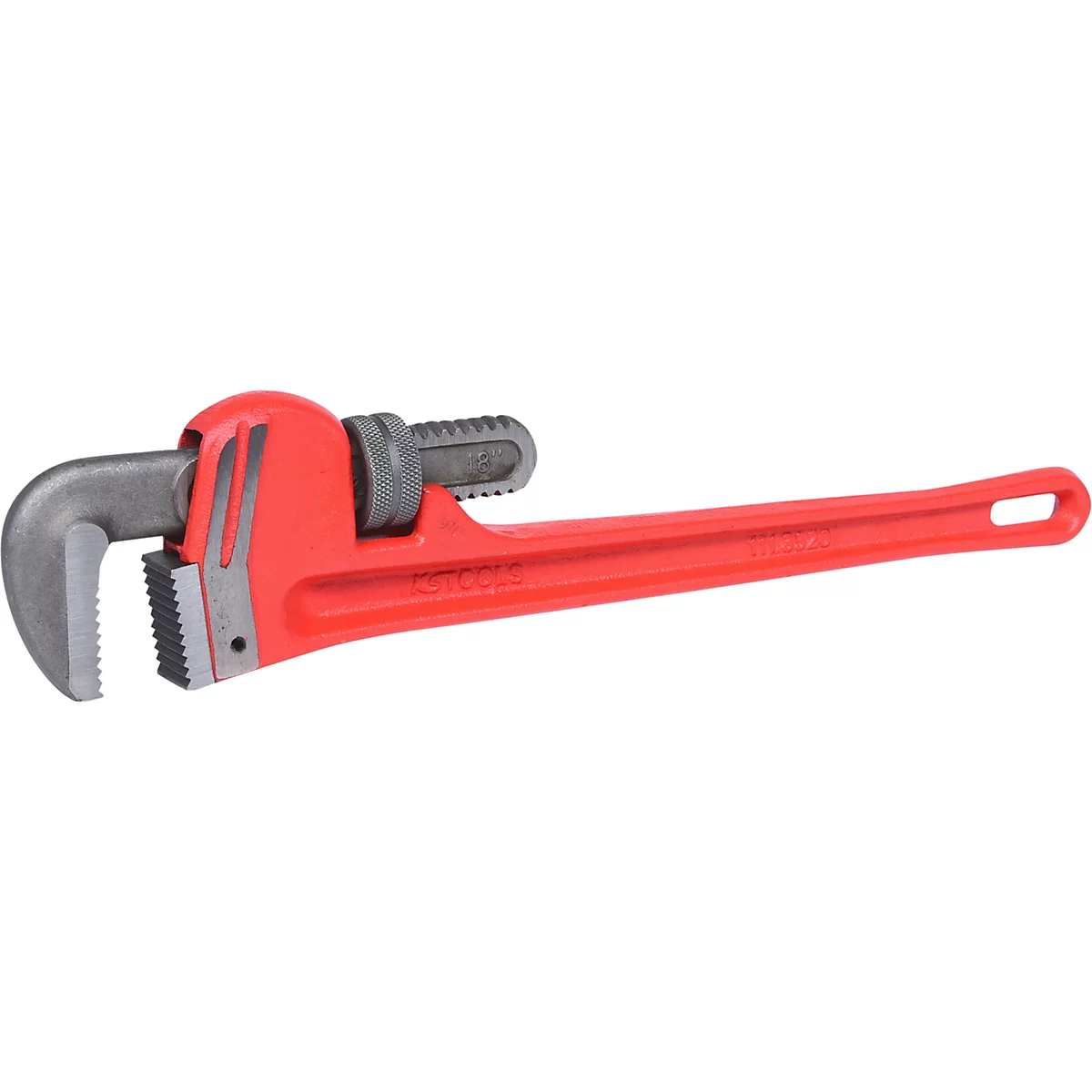 Eine rote Rohrzange mit geöffneten Backen, Griff und Einstellrad.