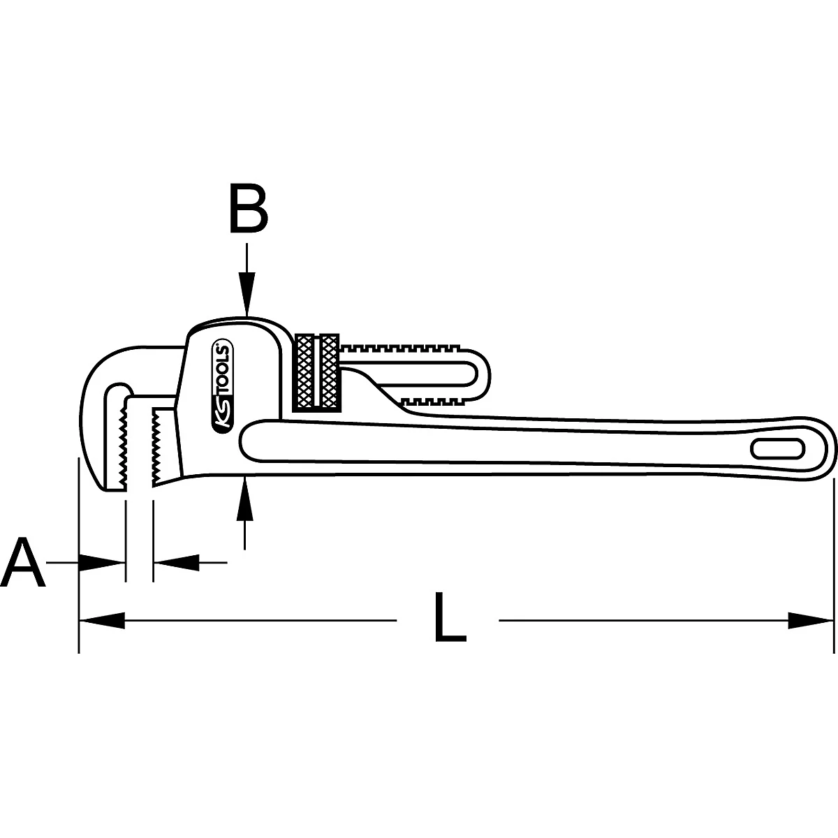 Rohrzange, Seitenansicht, mit Maßangaben A, B und L. Auf der Zange ist der Schriftzug 'KS TOOLS' erkennbar.