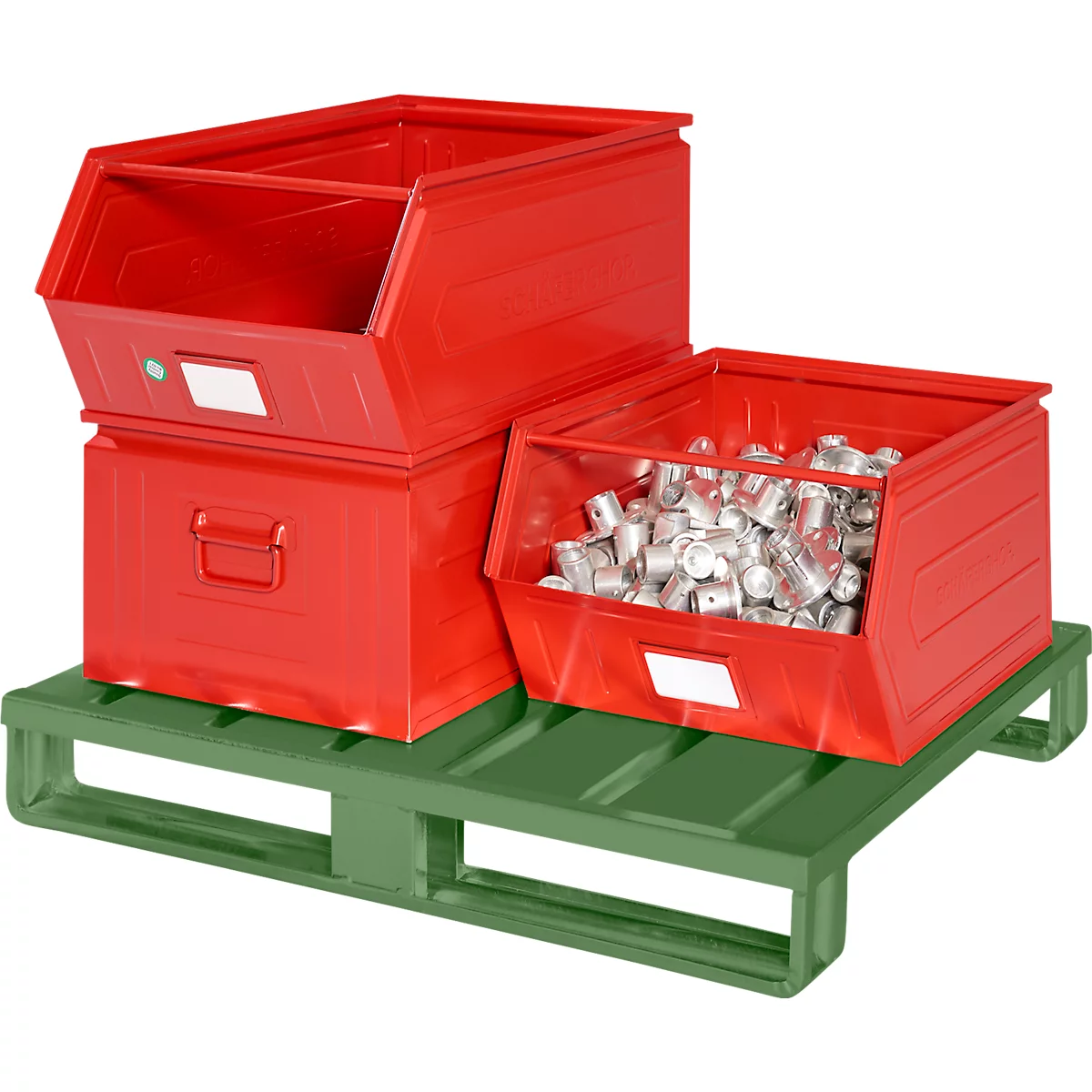 Stahlflachpalette, bis 1500 kg, geschlossenes Oberdeck, 2 Stahlkufen, L 1000 x B 800 x H 130 mm, Stahl, Resedagrün RAL 6011