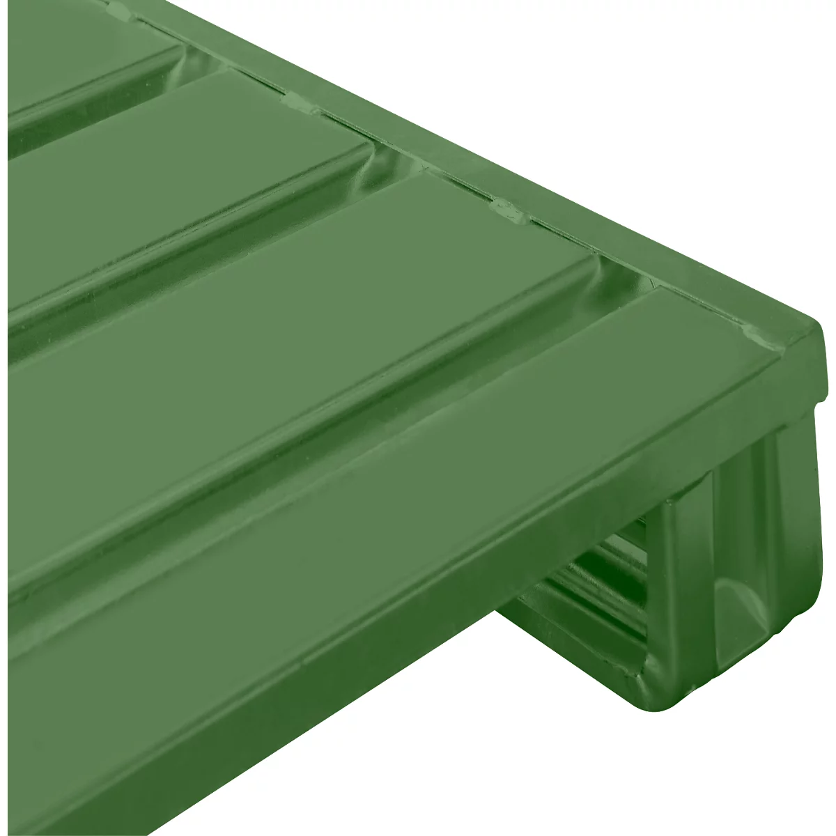 Stahlflachpalette, bis 1500 kg, geschlossenes Oberdeck, 2 Stahlkufen, L 1000 x B 800 x H 130 mm, Stahl, Resedagrün RAL 6011