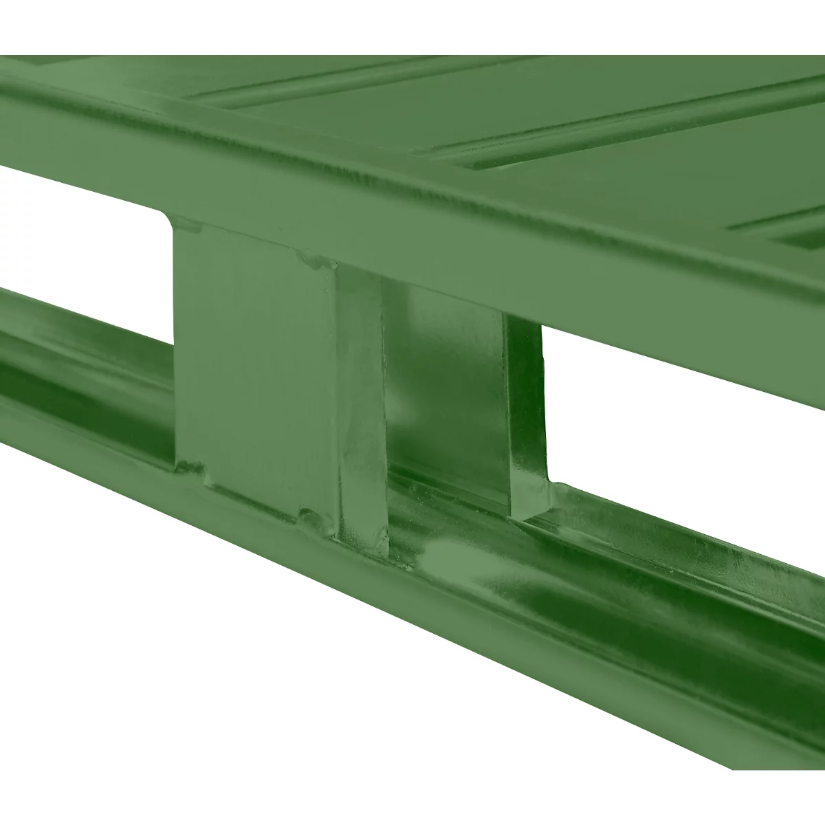 Stahlflachpalette, bis 1500 kg, geschlossenes Oberdeck, 2 Stahlkufen, L 1000 x B 800 x H 130 mm, Stahl, Resedagrün RAL 6011