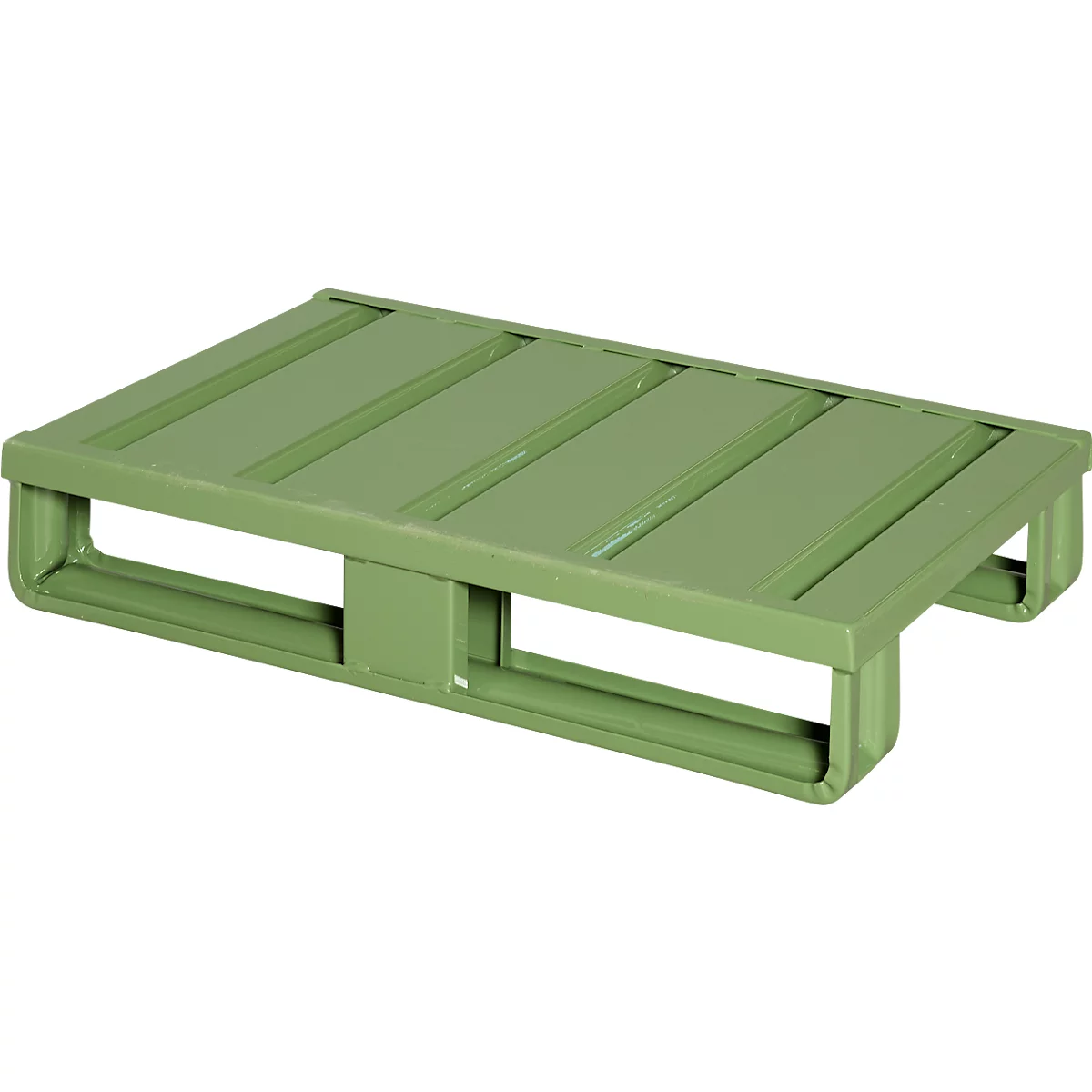 Stahlflachpalette, bis 1500 kg, geschlossenes Oberdeck, 2 Stahlkufen, L 800 x B 500 x H 130 mm, Stahl, Resedagrün RAL 6011