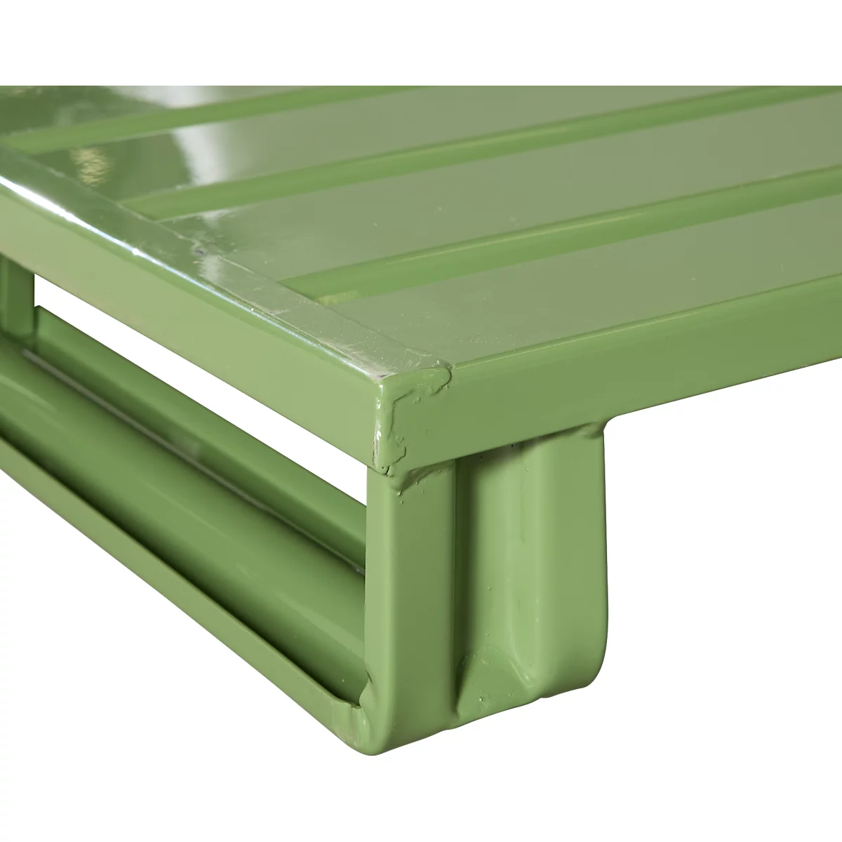 Stahlflachpalette, bis 1500 kg, geschlossenes Oberdeck, 2 Stahlkufen, L 800 x B 500 x H 130 mm, Stahl, Resedagrün RAL 6011