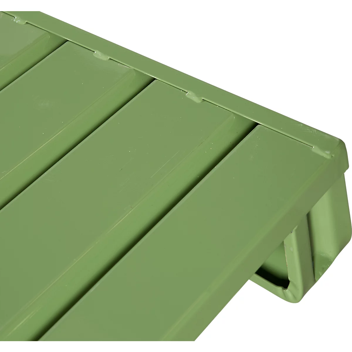 Stahlflachpalette, bis 1500 kg, geschlossenes Oberdeck, 2 Stahlkufen, L 800 x B 500 x H 130 mm, Stahl, Resedagrün RAL 6011