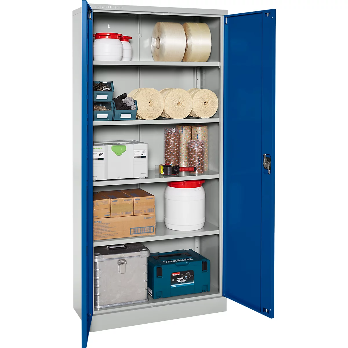 Stahlschrank, B 916 x T 422 x H 1950 mm, lichtgrau RAL 7035/enzianblau RAL 5010