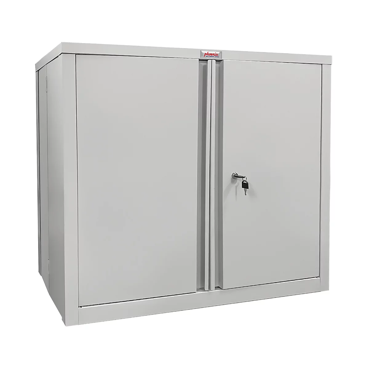 Grauer Stahlschrank mit zwei Türen und einem Schlüssel. Oben rechts befindet sich ein roter Schriftzug.