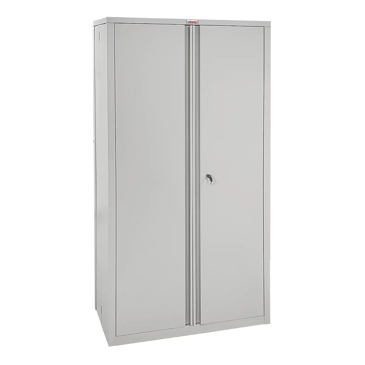 Grauer Stahlschrank mit zwei Türen, einem Schloss und roten Schriftzug.