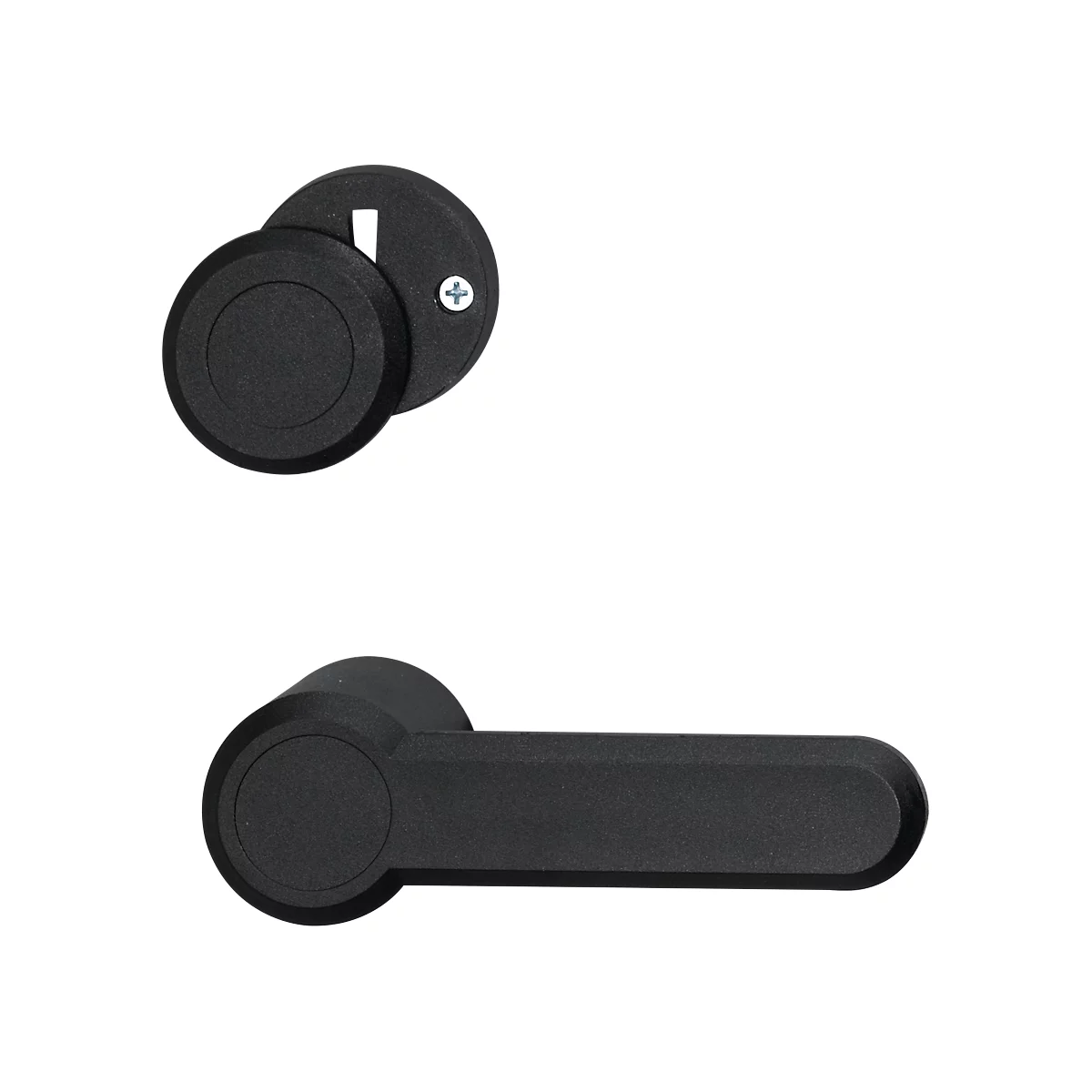 Schwarzer Türbeschlag, bestehend aus Griff und Rosetten.