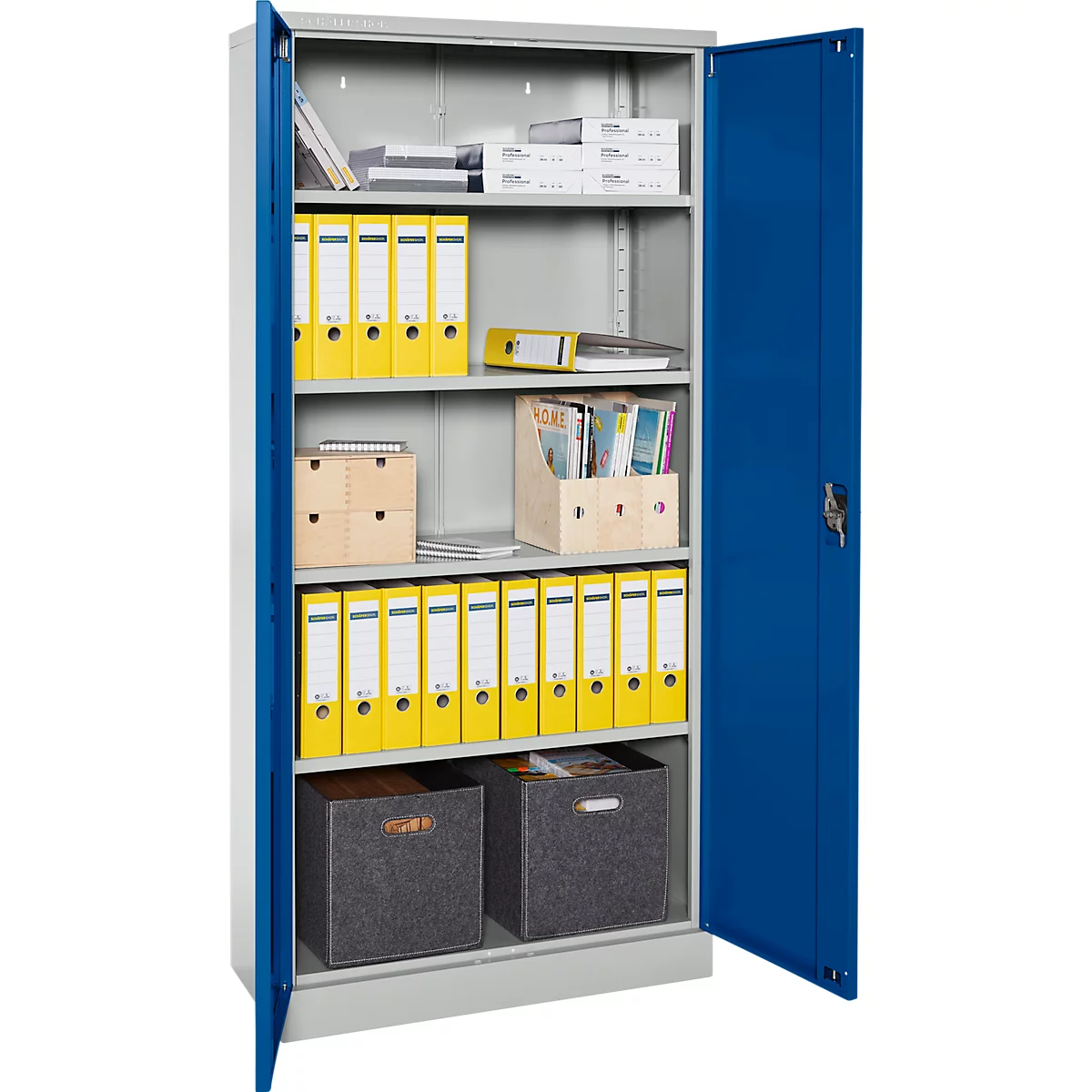 Ein grauer Metallschrank mit geöffneten blauen Türen, gefüllt mit gelben Aktenordnern und Bürobedarf.