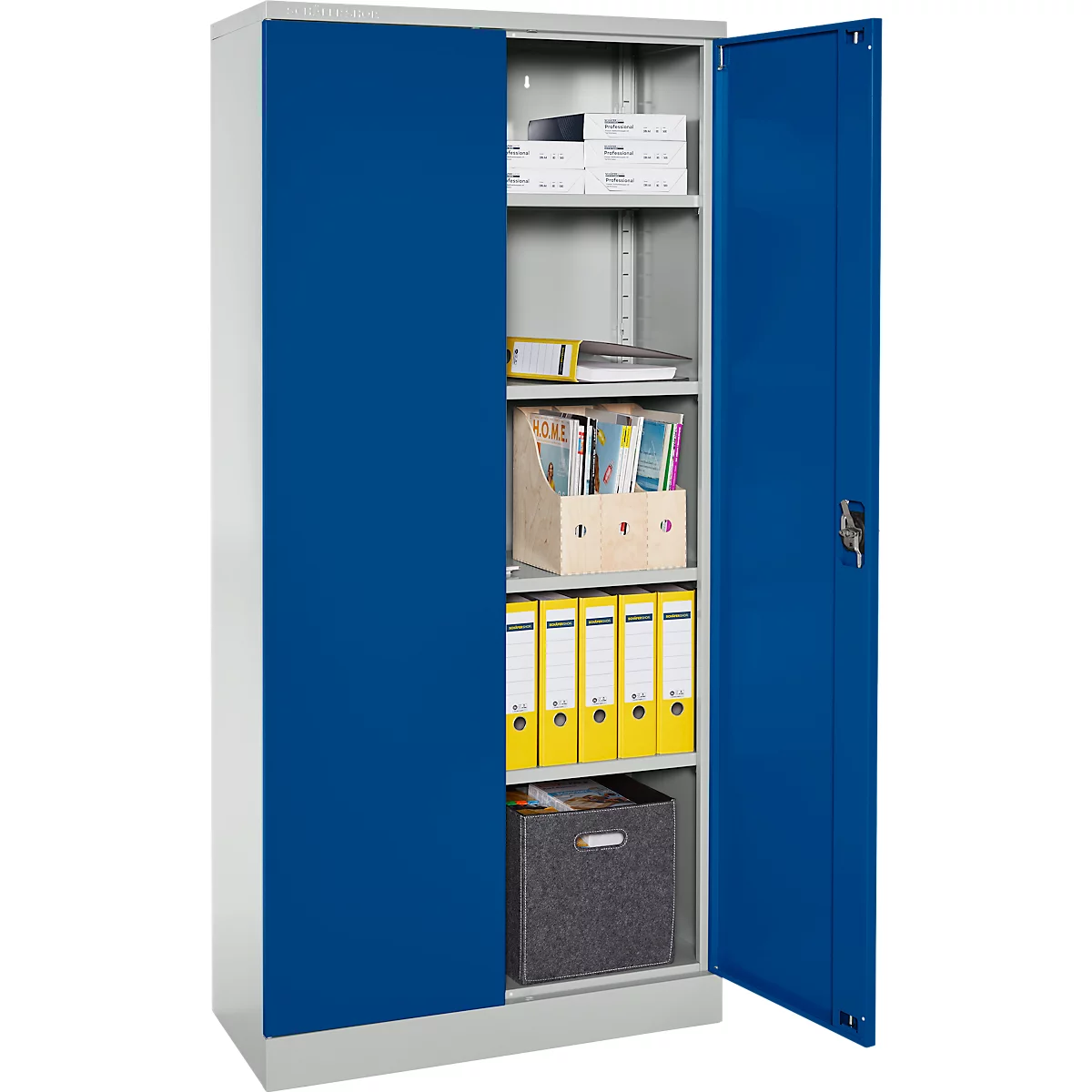 Grauer Stahlschrank mit blauen Türen, gefüllt mit Ordnern und Dokumenten vor weißem Hintergrund.