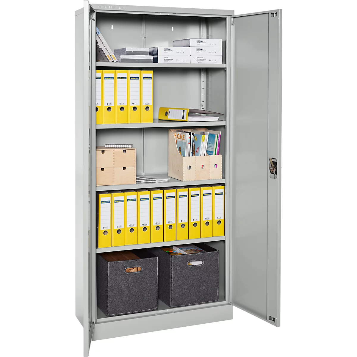 Ein grauer Metallschrank mit geöffneten Türen, gefüllt mit gelben Ordnern, Dokumentenboxen und grauen Filzkörben.