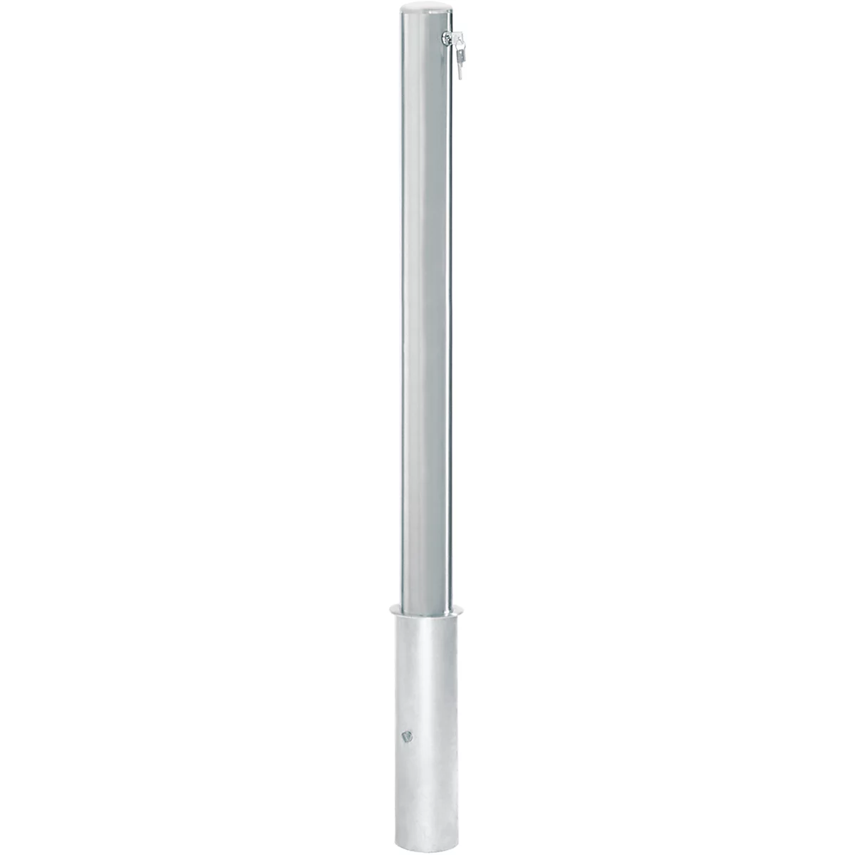 Gray, long metal post. The post has a square cross-section and a cylindrical base. A screw is attached at the top.