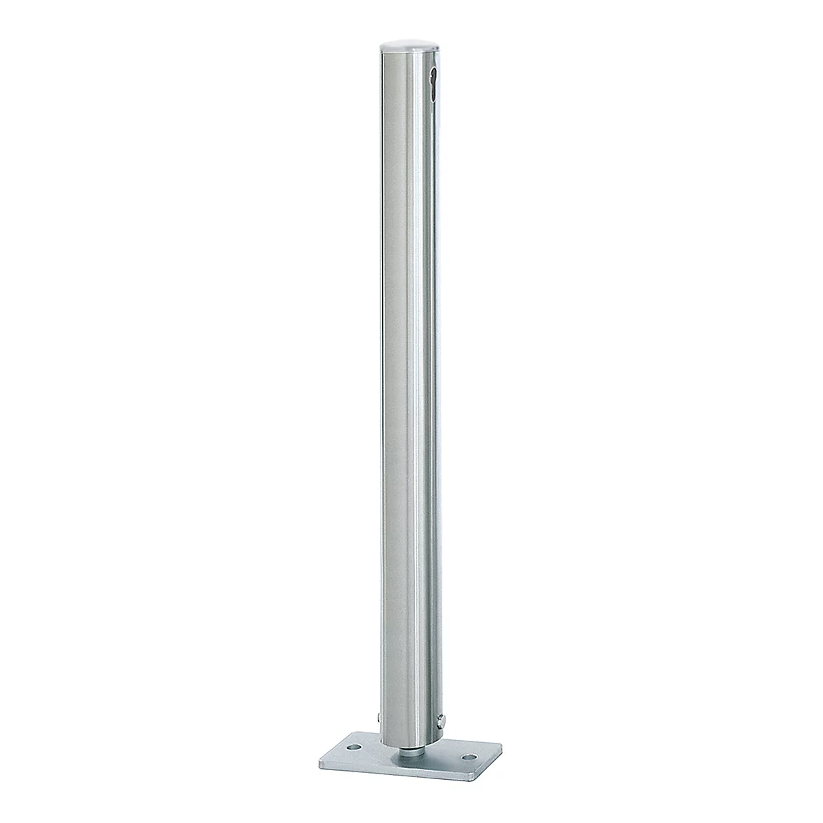 Stainless steel bollard. Cylindrical, mounted on a rectangular base plate.