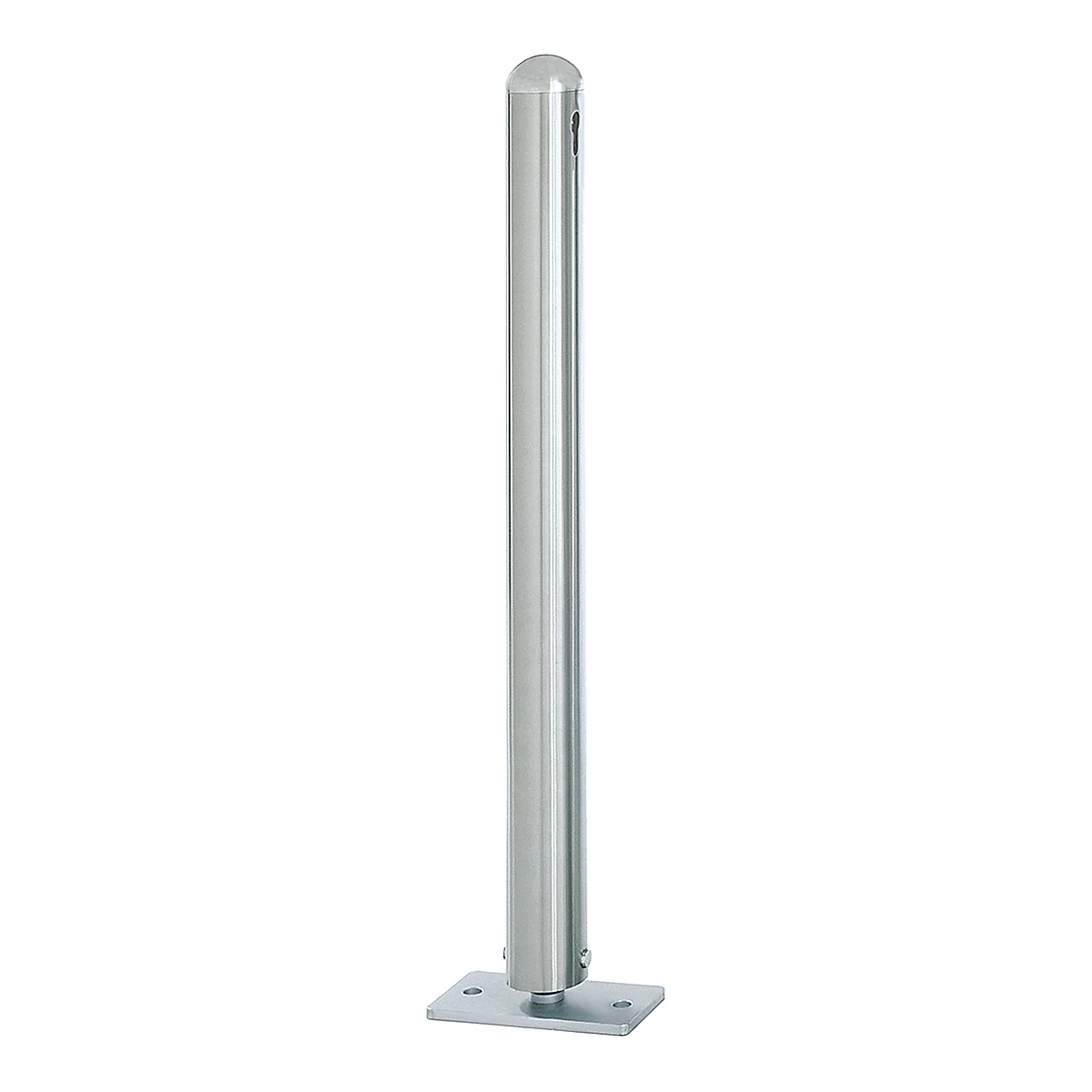 Silver bollard, cylindrical with a rounded cap, screwed onto a rectangular plate.