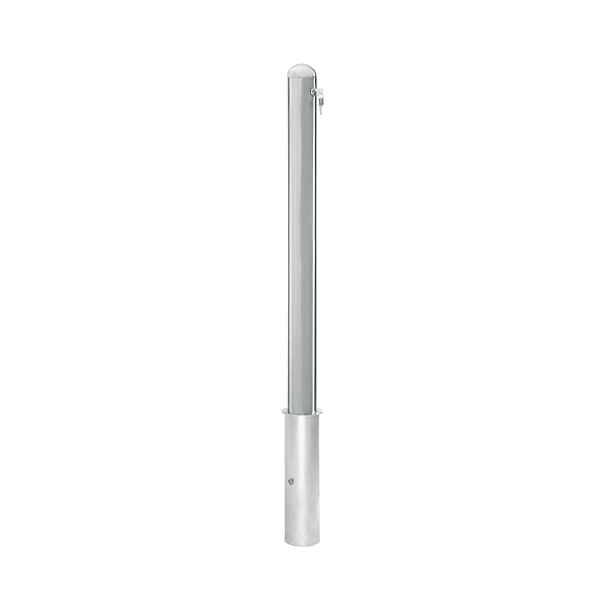Grey bollard against a neutral background. It is cylindrical, with a round head and base.