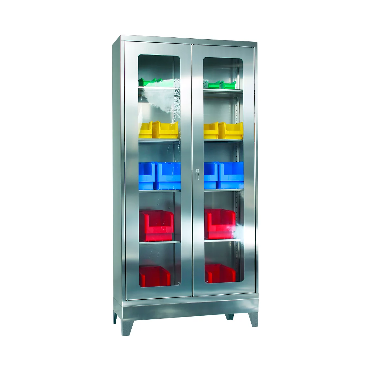 Stainless steel cabinet with glass doors, filled with colorful containers for storage.