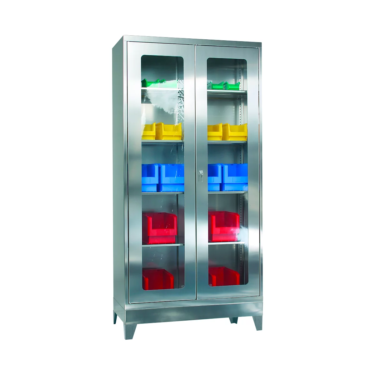 Stainless steel cabinet with glass doors, filled with colored containers. Yellow, blue and red. Ideal for storing small parts.