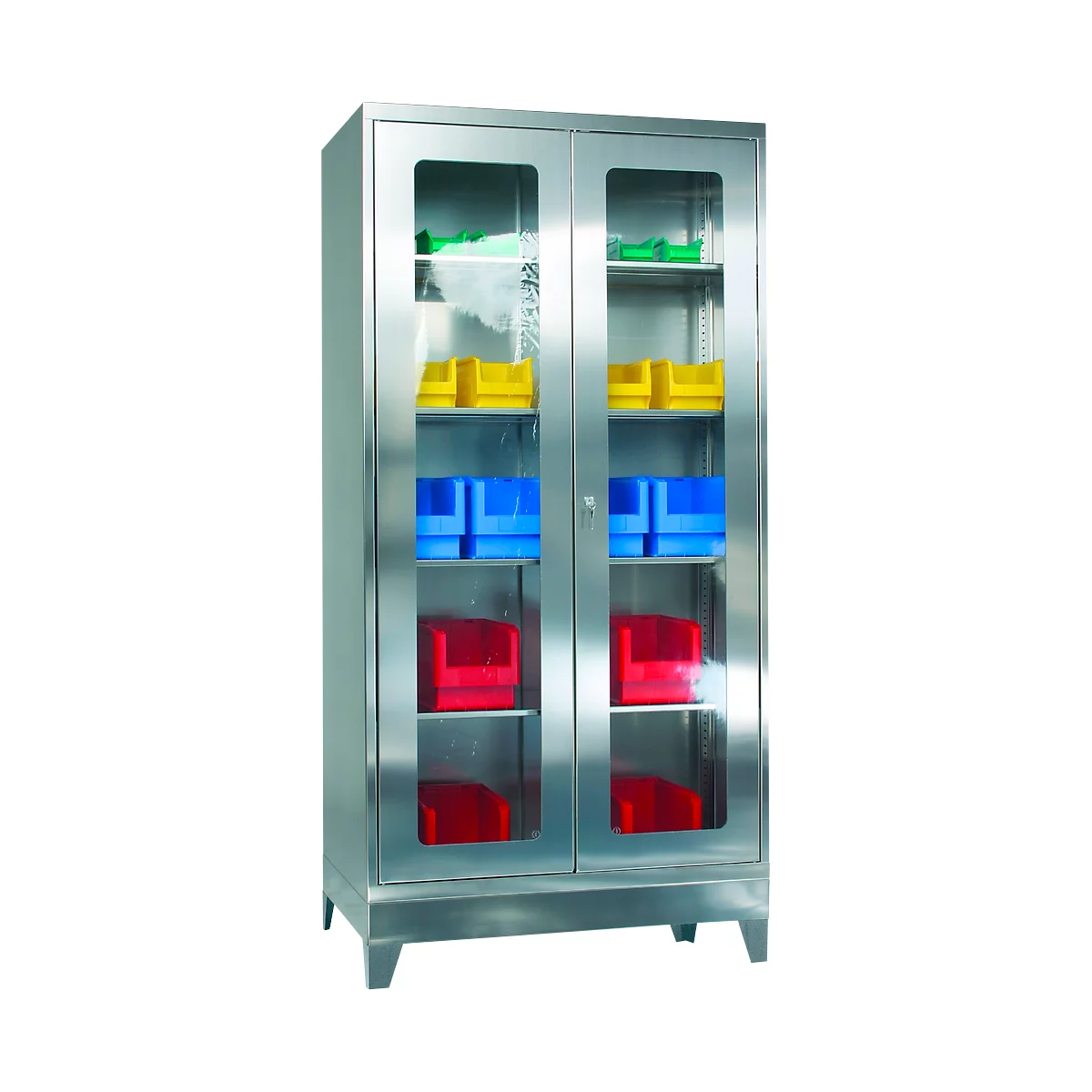 Stainless steel cabinet with glass doors, filled with colorful plastic containers.