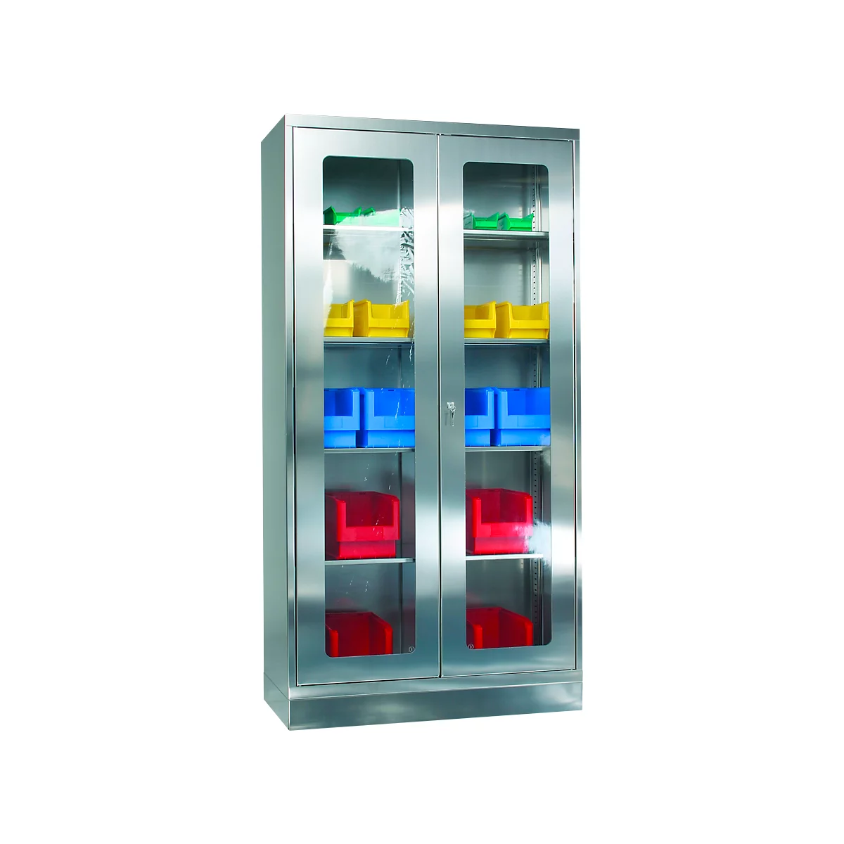 Stainless steel cabinet with glass panels, filled with colorful containers. Green, yellow, blue, and red.