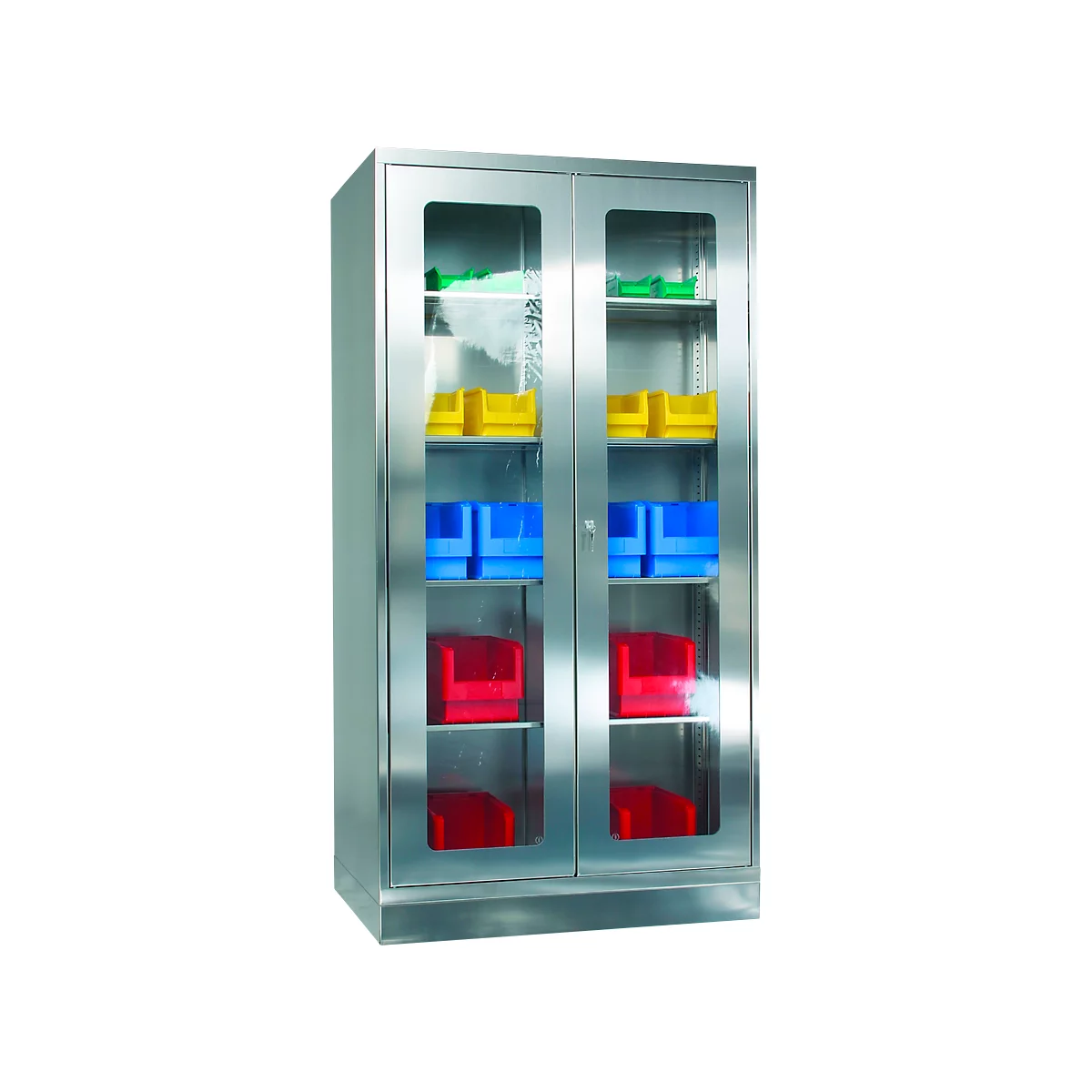 Stainless steel cabinet with glass panes. It's filled with yellow, blue, red containers.