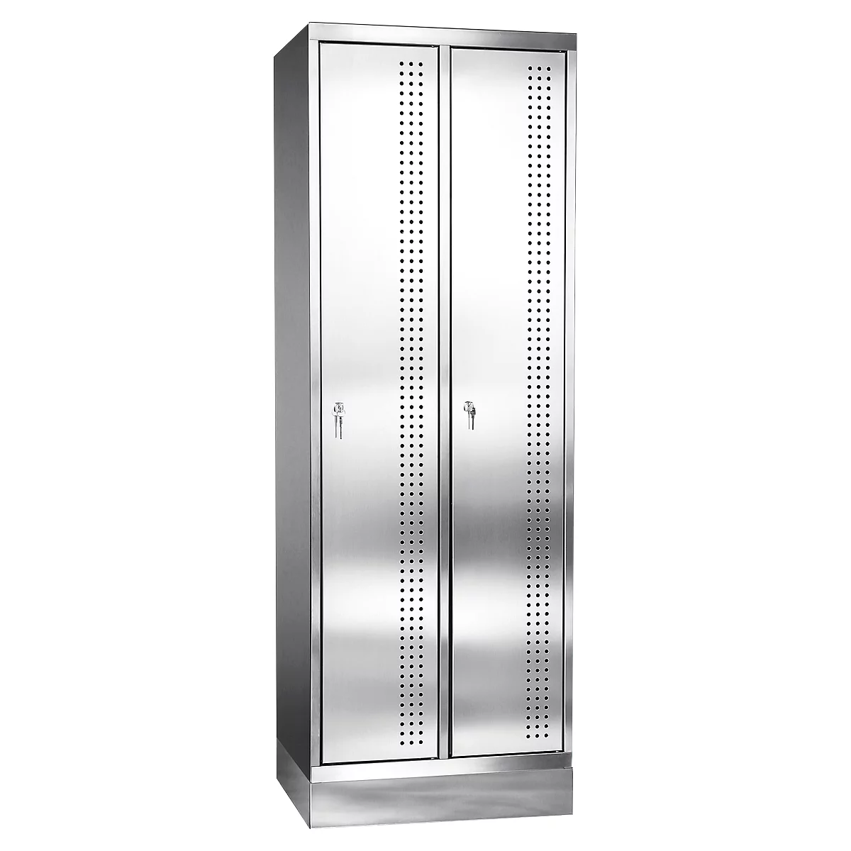 Stainless steel cabinet with two doors, perforated pattern, and key locks.
