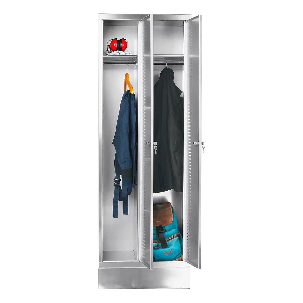 An open, silver cabinet with clothes and a backpack. The cabinet is divided into three compartments containing clothes, a backpack and hearing protection.