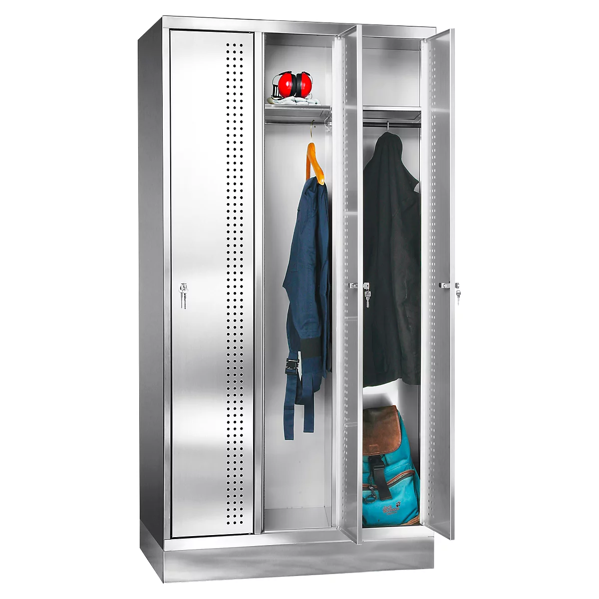 Stainless steel cabinet with open doors. Clothes, backpack, ear protection, and helmet inside.