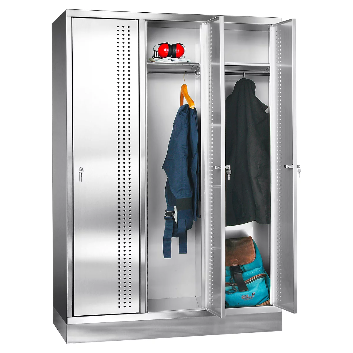 An open locker with clothing and accessories. Two doors are open, a blue jacket, a coat and a backpack are visible.