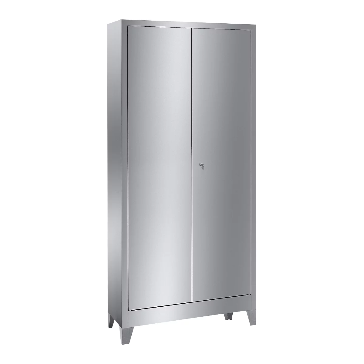 Metal cabinet, two doors, silver colored, with small keyhole.