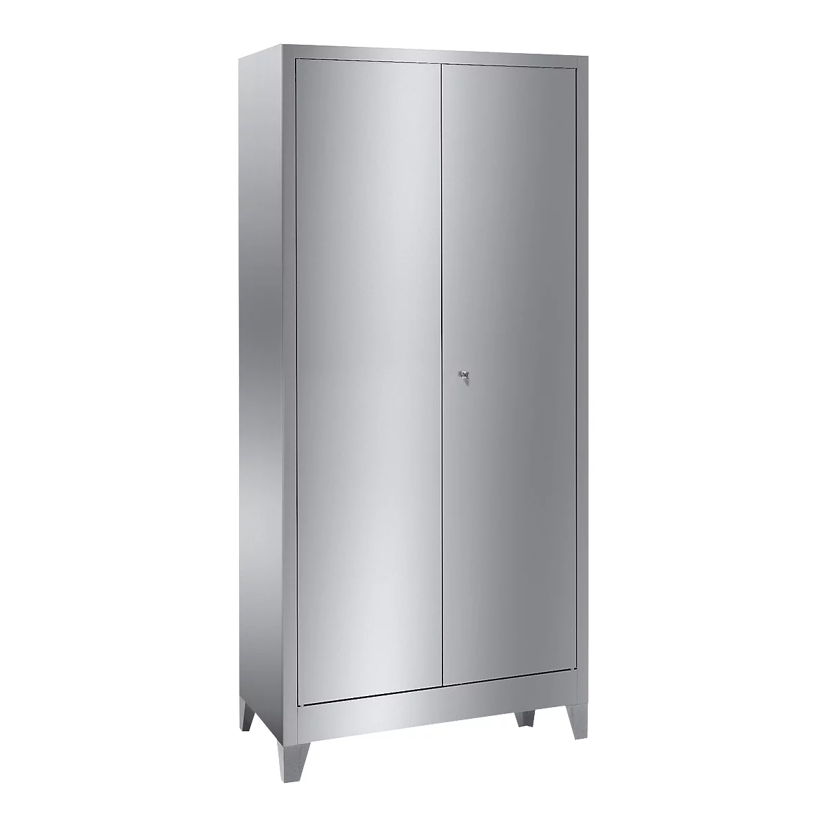 Polished stainless steel cabinet with two doors and a lock.